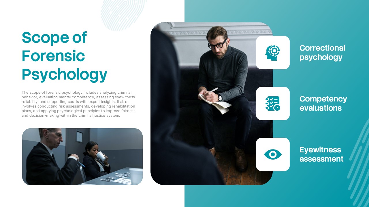 Scope of Forensic Psychology slide featuring competency evaluations, correctional psychology, eyewitness assessment, and psychological interviews within legal and criminal justice settings, presented in a modern teal and white forensic psychology presentation design.