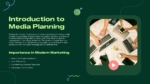 Introduction to Media Planning slide featuring marketing strategy overview, campaign planning benefits, audience targeting concepts, and a collaborative team workspace image for PowerPoint and Google Slides.