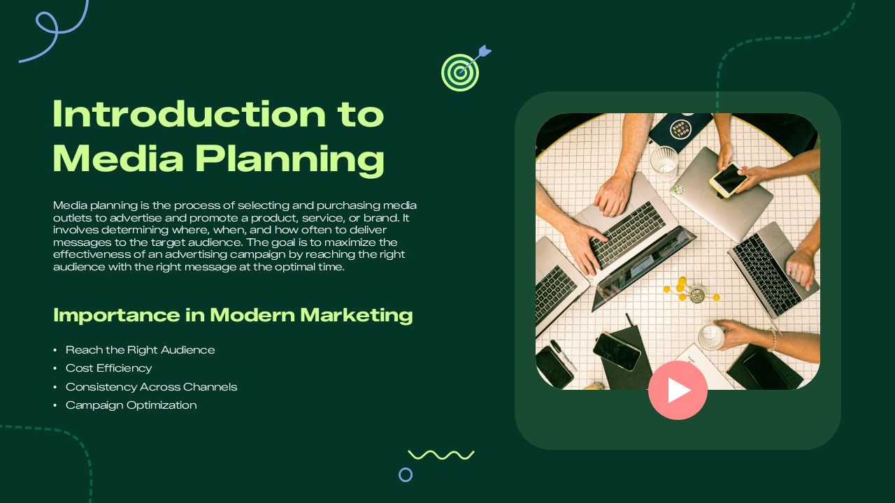 Introduction to Media Planning slide featuring marketing strategy overview, campaign planning benefits, audience targeting concepts, and a collaborative team workspace image for PowerPoint and Google Slides.