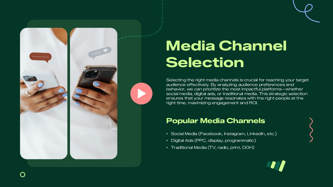 Media Channel Selection slide showcasing digital marketing channels, social media platforms, online advertising options, audience targeting strategies, and channel planning insights for PowerPoint and Google Slides.