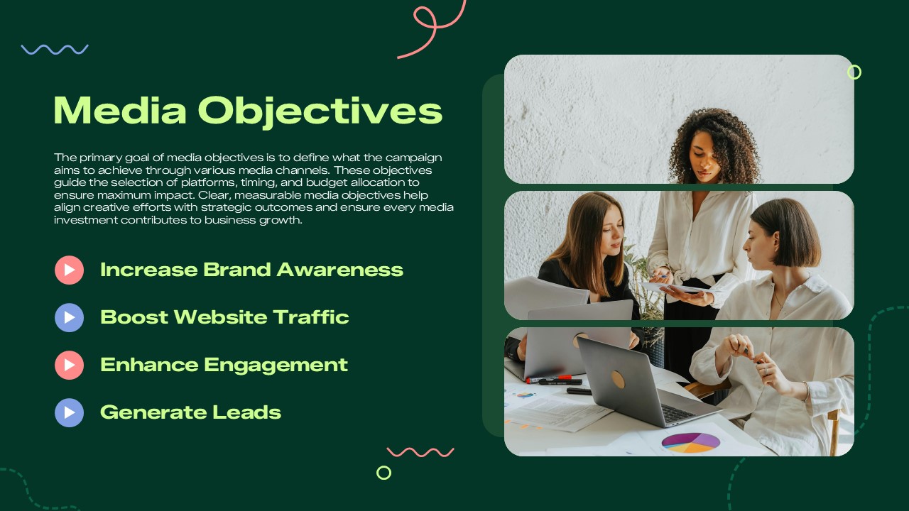 Media Objectives slide highlighting brand awareness, website traffic growth, audience engagement, and lead generation goals with a marketing team collaboration layout for PowerPoint and Google Slides.