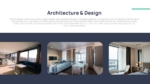 Real estate presentation slide showcasing modern architecture and interior design with three luxury home images highlighting spacious living areas, contemporary dining spaces, and elegant bedroom interiors.