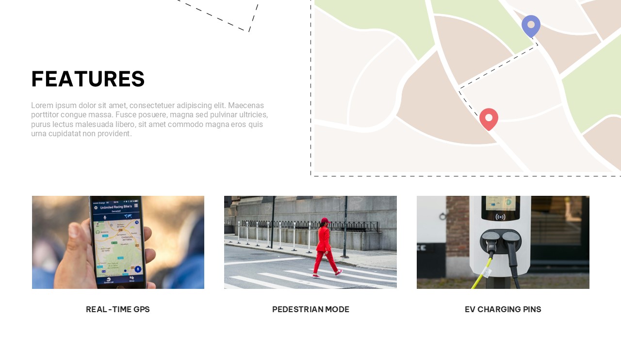 Features slide showcasing real-time GPS navigation, pedestrian mode, and EV charging station capabilities with supporting images and a street map themed presentation layout.
