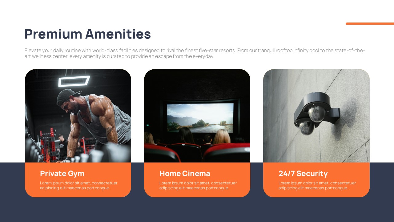 Real estate presentation slide showcasing premium amenities with sections for a private gym, home cinema, and 24/7 security, using a modern card-based layout and lifestyle images.