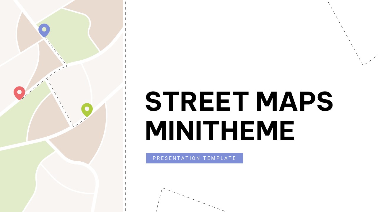 Street Maps Mini Theme presentation cover slide featuring a minimalist city map illustration with location pins, route paths, and a clean modern layout for navigation and geographic presentations.