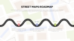 Street Maps roadmap slide featuring a winding road timeline with location markers, quarterly milestones, and a city map background for project planning and strategic roadmaps.