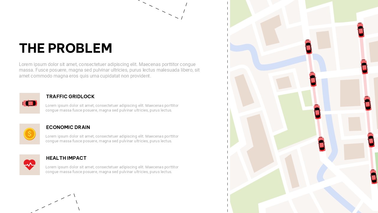Problem analysis slide highlighting traffic gridlock, economic impact, and health concerns alongside a city map illustration showing vehicle congestion on urban streets.