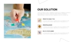 Solution slide featuring a map planning photo with location flags and key transportation solutions including predictive analytics, pedestrian mode, and multi-stop route planning.