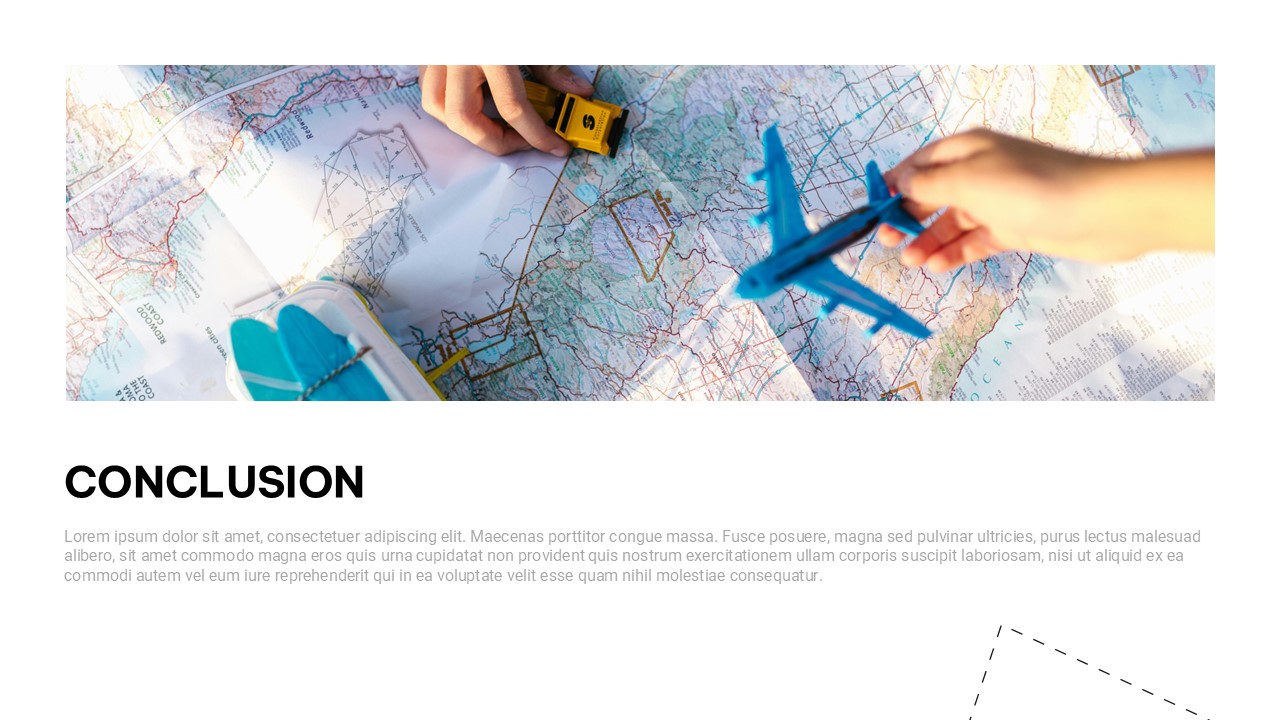 Conclusion slide featuring a travel planning map, toy airplane, and navigation elements, designed to summarize key insights and recommendations in a transportation or location-based presentation.