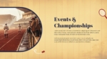 Events and Championships slide from a Vintage Style Sports Theme Presentation Template featuring a retro sports stadium scene, vintage athletic imagery, and a content layout for highlighting tournaments, competitions, and championship events.