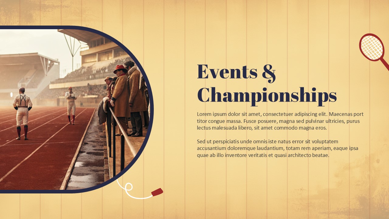 Events and Championships slide from a Vintage Style Sports Theme Presentation Template featuring a retro sports stadium scene, vintage athletic imagery, and a content layout for highlighting tournaments, competitions, and championship events.