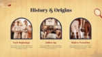 History and Origins slide from a Vintage Style Sports Theme Presentation Template featuring a three-stage timeline of sports evolution, including early beginnings, the golden age, and modern transition with vintage athletic imagery.