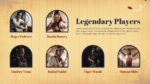 Legendary Players slide from a Vintage Style Sports Theme Presentation Template featuring notable athlete profiles, vintage-inspired sports portraits, and a classic layout for showcasing sports icons and achievements.