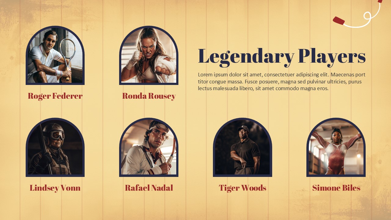 Legendary Players slide from a Vintage Style Sports Theme Presentation Template featuring notable athlete profiles, vintage-inspired sports portraits, and a classic layout for showcasing sports icons and achievements.