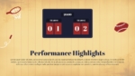 Performance Highlights slide from a Vintage Style Sports Theme Presentation Template featuring a retro scoreboard graphic, sports-themed illustrations, and a layout for showcasing team results, achievements, and key performance metrics.