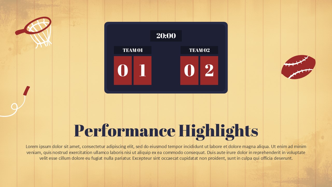Performance Highlights slide from a Vintage Style Sports Theme Presentation Template featuring a retro scoreboard graphic, sports-themed illustrations, and a layout for showcasing team results, achievements, and key performance metrics.