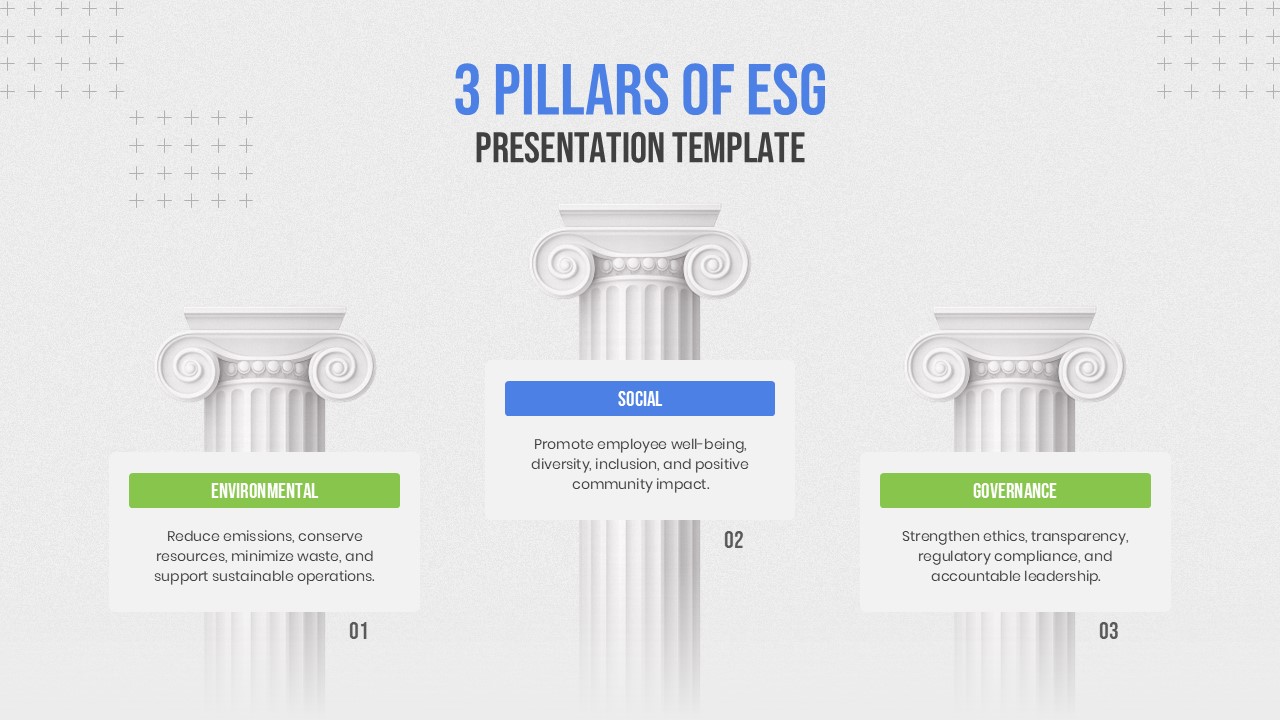 3 Pillars of ESG presentation template featuring three classical pillars representing Environmental, Social, and Governance. Each pillar includes an editable text box describing ESG objectives in a clean, professional layout for PowerPoint and Google Slides.