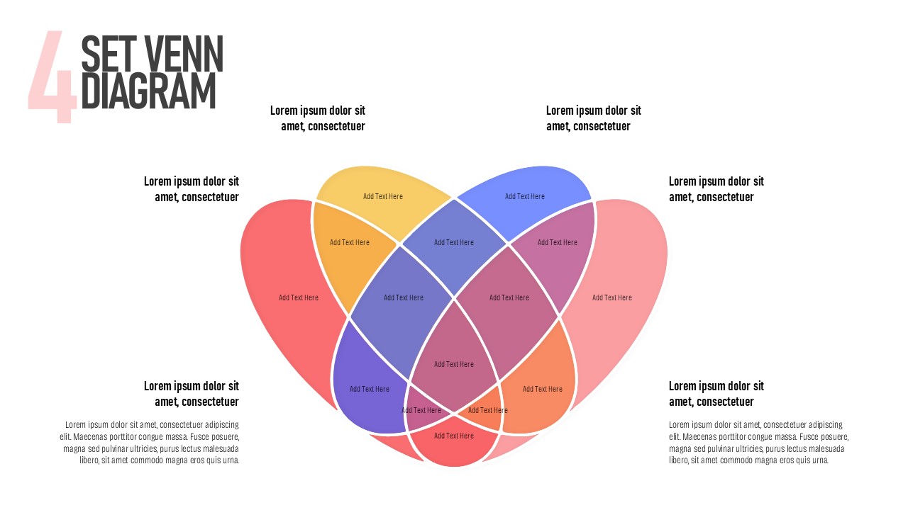 Editable 4 set Venn diagram infographic with four overlapping colorful shapes for comparing relationships, similarities, differences, and shared concepts in PowerPoint and Google Slides.