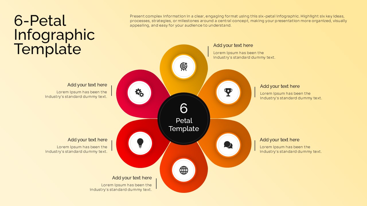6-Petal infographic template featuring a central circle connected to six colorful petals with editable icons and text placeholders for presenting six key ideas, processes, strategies, or milestones in PowerPoint and Google Slides.