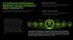 AI-Driven Personal Brand Development and Growth slide highlighting content automation, audience engagement, analytics, personalization, and AI-powered branding strategies in a modern black and neon green presentation design for PowerPoint and Google Slides.