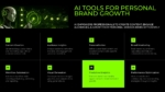 AI Tools for Personal Brand Growth slide featuring content creation, audience insights, personalization, brand monitoring, workflow automation, visual generation, predictive analytics, and performance optimization in a futuristic black and neon green layout for PowerPoint and Google Slides.