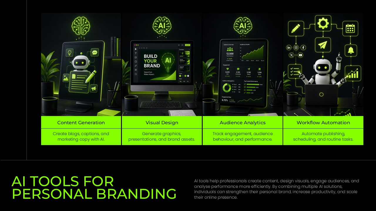AI Tools for Personal Branding slide showcasing content generation, visual design, audience analytics, and workflow automation in a futuristic black and neon green presentation design for PowerPoint and Google Slides.