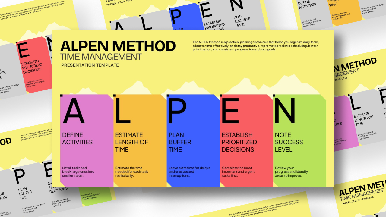 ALPEN Method Time Management PowerPoint template featuring five color-coded steps: Define Activities, Estimate Length of Time, Plan Buffer Time, Establish Prioritized Decisions, and Note Success Level for effective task planning and productivity.