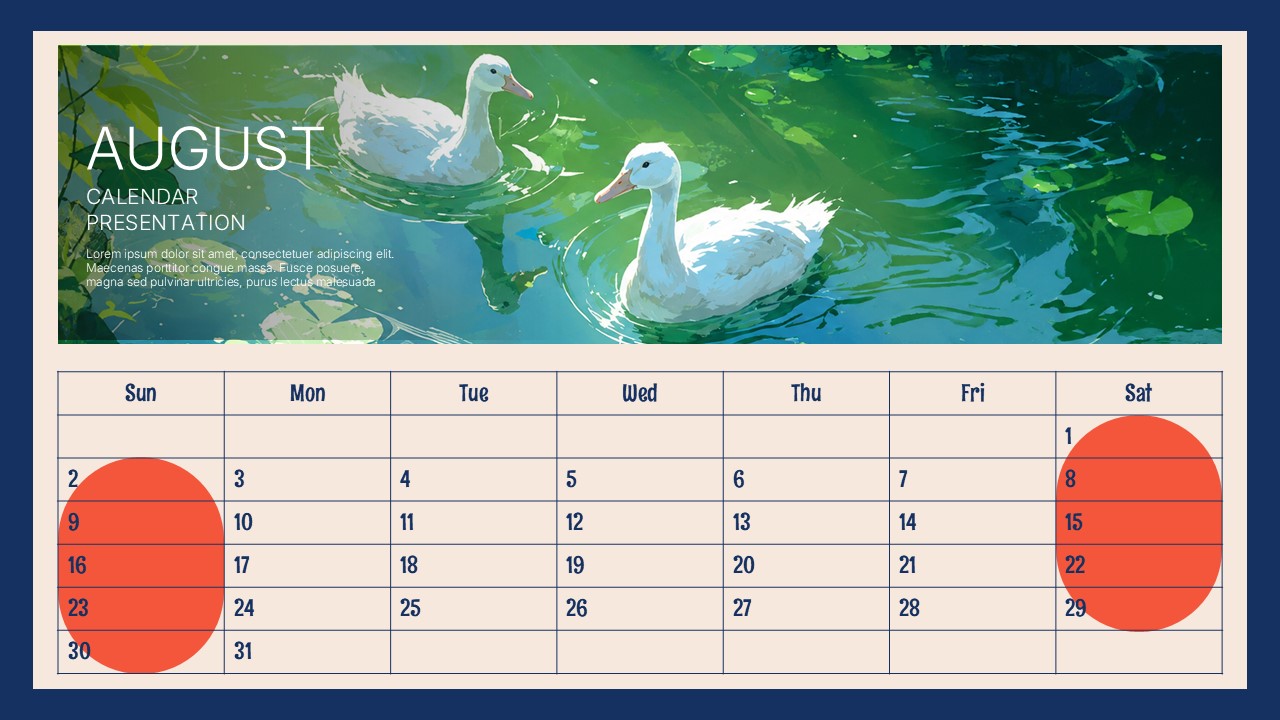 August Calendar Presentation Template featuring a serene pond with two white ducks at the top and an editable monthly calendar grid below, suitable for PowerPoint and Google Slides.