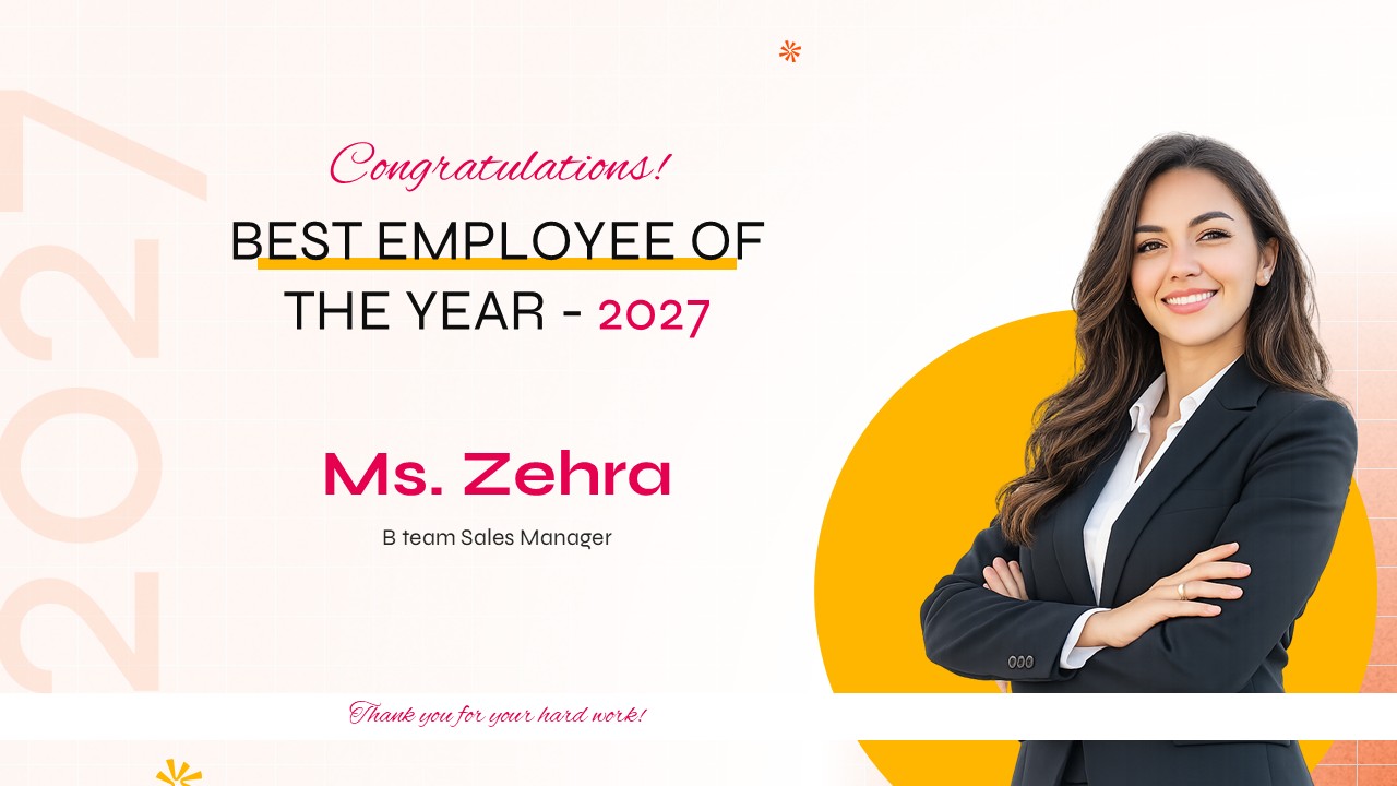 Best Employee of the Year 2027 award presentation template featuring a modern certificate-style design with an employee photo placeholder, customizable recipient name, job title, congratulatory message, and editable layout for PowerPoint and Google Slides.
