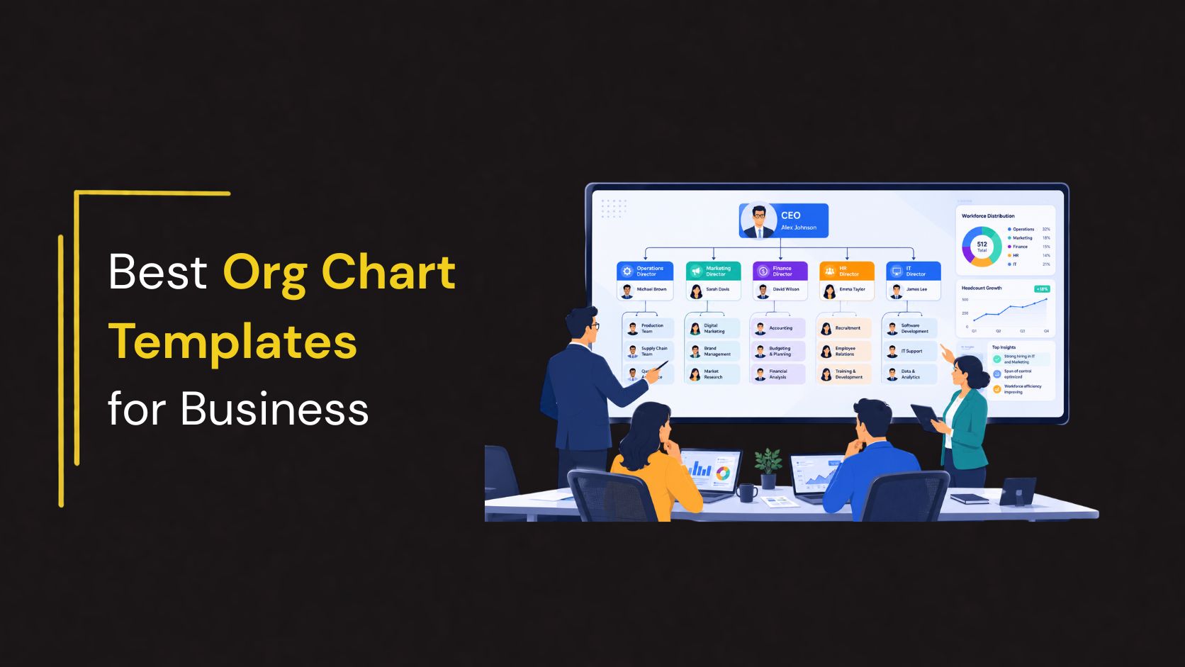 Modern business illustration showcasing the best organizational chart templates with a corporate hierarchy dashboard, CEO and department structure, team reporting lines, workforce analytics, and professionals collaborating during a business meeting.