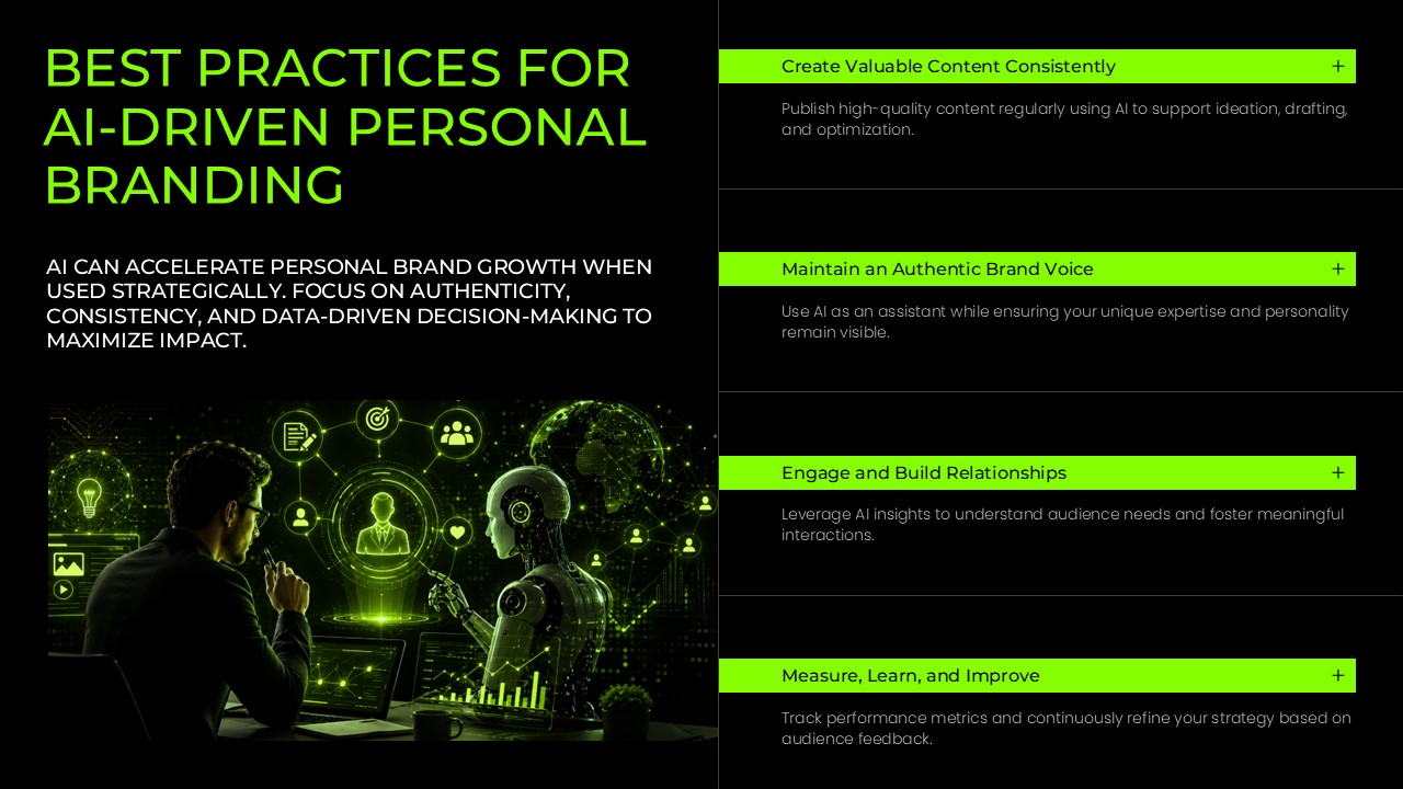 Best Practices for AI-Driven Personal Branding slide featuring content creation, authentic brand voice, audience engagement, performance measurement, and AI strategy tips in a modern black and neon green presentation design for PowerPoint and Google Slides.