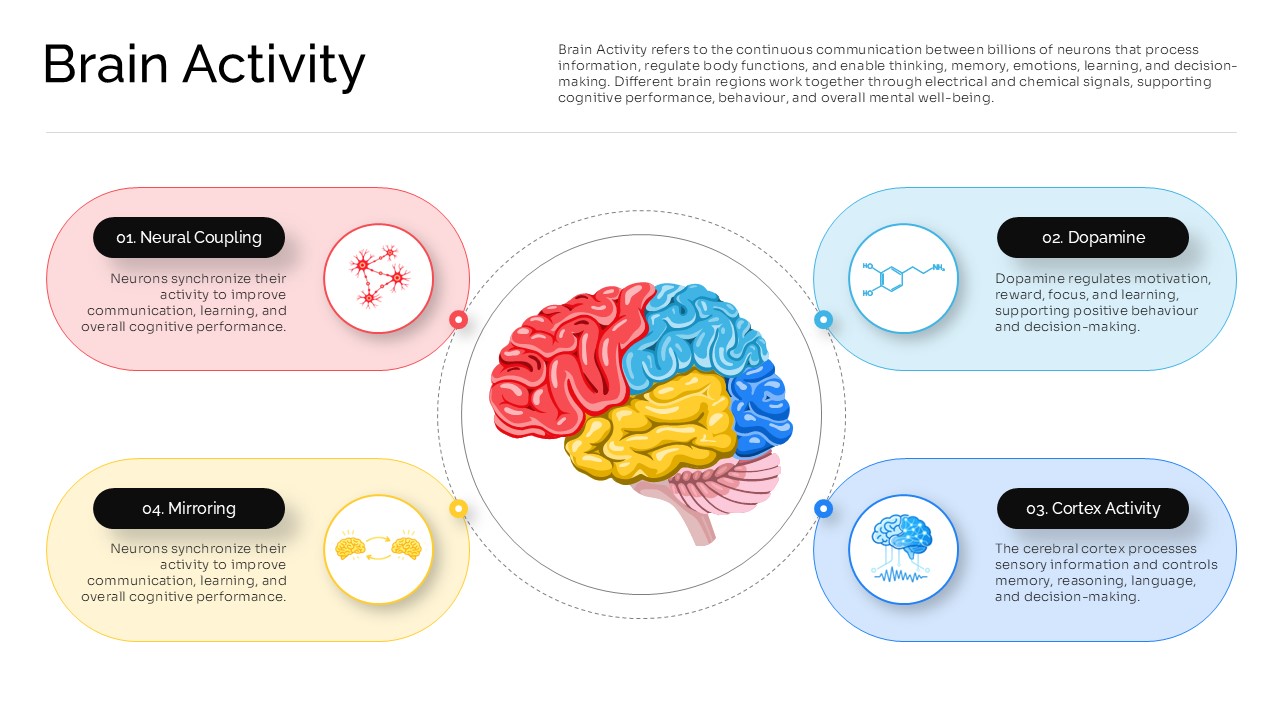 Brain Activity infographic PowerPoint template featuring a central color-coded brain illustration connected to four editable sections explaining neural coupling, dopamine, cortex activity, and mirroring for neuroscience and healthcare presentations.
