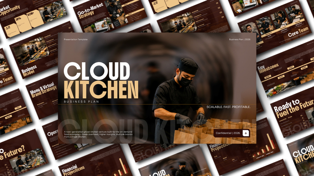 Cloud Kitchen Business Plan PowerPoint and Google Slides template featuring a chef preparing food orders, with professional slides for market analysis, business model, financial projections, operations, team, milestones, and investor pitch presentations.