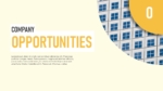 Company opportunities SWOT analysis slide featuring a bold opportunities section, editable text area, and a modern building image with a colorful SWOT infographic.