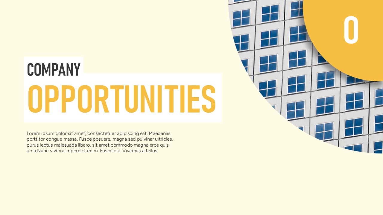 Company opportunities SWOT analysis slide featuring a bold opportunities section, editable text area, and a modern building image with a colorful SWOT infographic.
