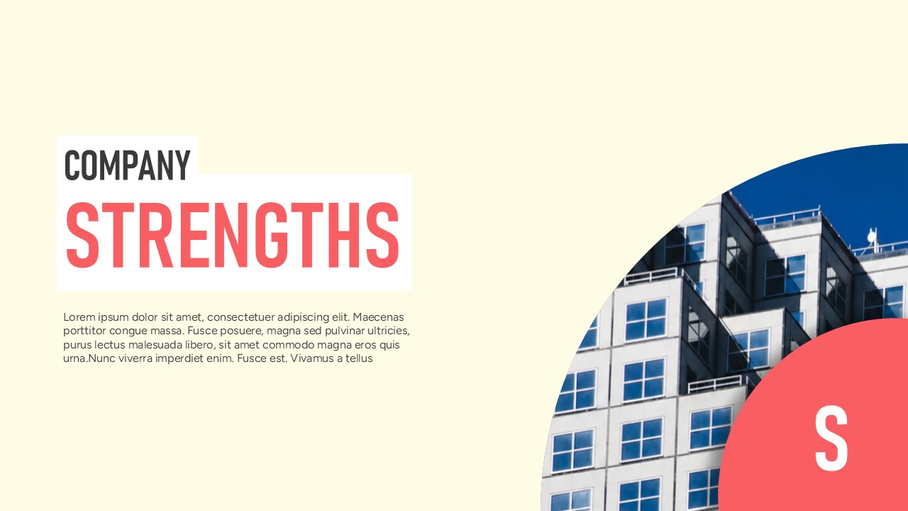 Company strengths SWOT analysis slide featuring a bold strengths section, editable text area, and a modern building image with a colorful SWOT infographic.