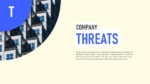 Company threats SWOT analysis slide featuring a bold threats section, editable text area, and a modern building image with a colorful SWOT infographic.