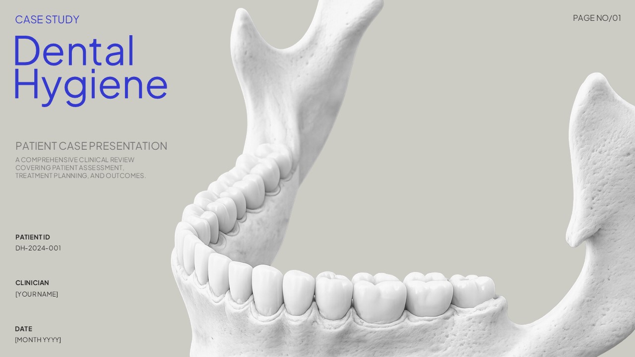 Dental Hygiene Case Study cover slide template featuring a realistic 3D jaw model, modern clinical layout, and editable design for presenting patient case presentations in PowerPoint and Google Slides.