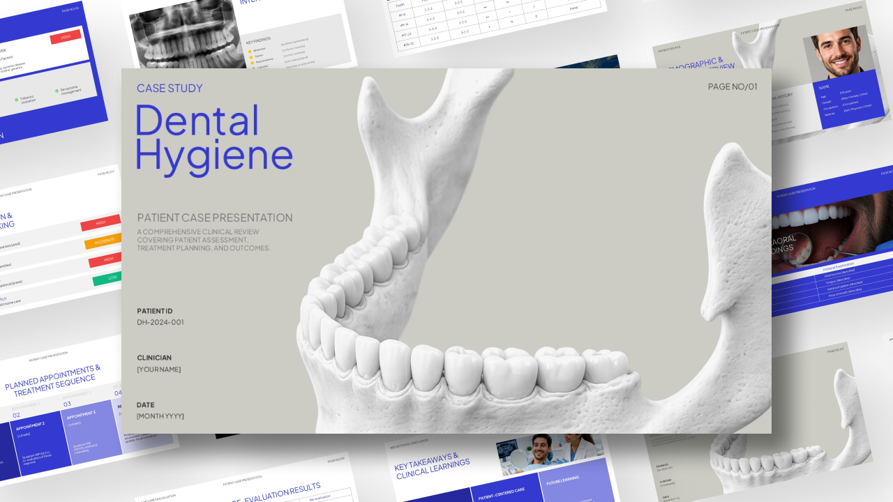 Dental Hygiene Case Study presentation template featuring a 3D dental jaw model, clean clinical layout, and editable slides for patient assessments, treatment planning, radiographs, and oral health case presentations in PowerPoint and Google Slides.