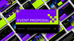 Modern Event Proposal presentation template with a bold purple, black, and neon green design, featuring slides for executive summary, agenda, milestones, event highlights, and corporate event planning for PowerPoint and Google Slides.