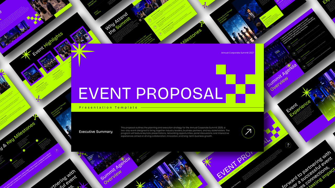 Modern Event Proposal presentation template with a bold purple, black, and neon green design, featuring slides for executive summary, agenda, milestones, event highlights, and corporate event planning for PowerPoint and Google Slides.
