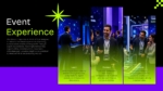 Event Experience slide from a modern Event Proposal presentation template highlighting learning, networking, and innovation with conference imagery in a bold purple, black, and neon green design for PowerPoint and Google Slides.