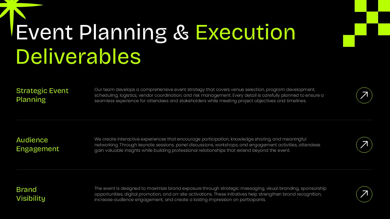 Event Planning & Execution Deliverables slide from a modern Event Proposal presentation template outlining strategic event planning, audience engagement, and brand visibility in a bold purple, black, and neon green design for PowerPoint and Google Slides.