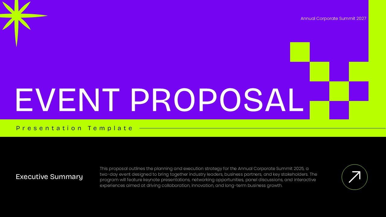 Cover slide of a modern Event Proposal presentation template featuring a bold purple, black, and neon green design with sections for the presentation title, executive summary, and corporate event planning, editable in PowerPoint and Google Slides.
