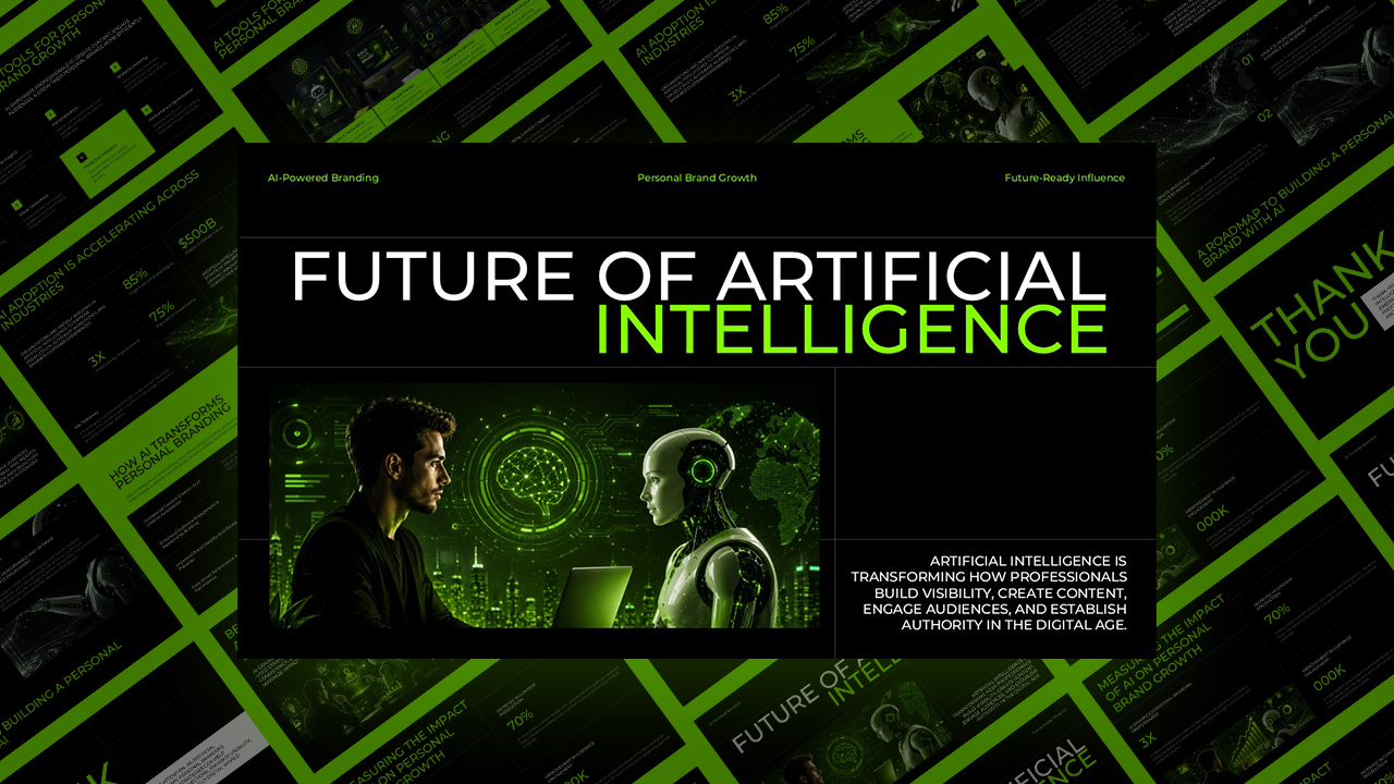 Future of Artificial Intelligence presentation template with a futuristic black and neon green design, featuring human and AI interaction, technology dashboards, data-driven slides, and editable layouts for PowerPoint and Google Slides.