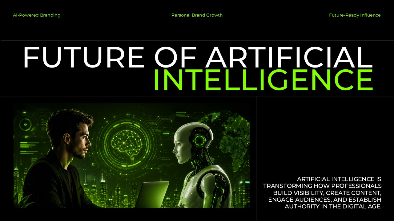 Cover slide for a Future of Artificial Intelligence presentation featuring a black and neon green futuristic design, an image of a human facing a humanoid AI robot, bold AI-themed typography, and editable layout for PowerPoint and Google Slides.