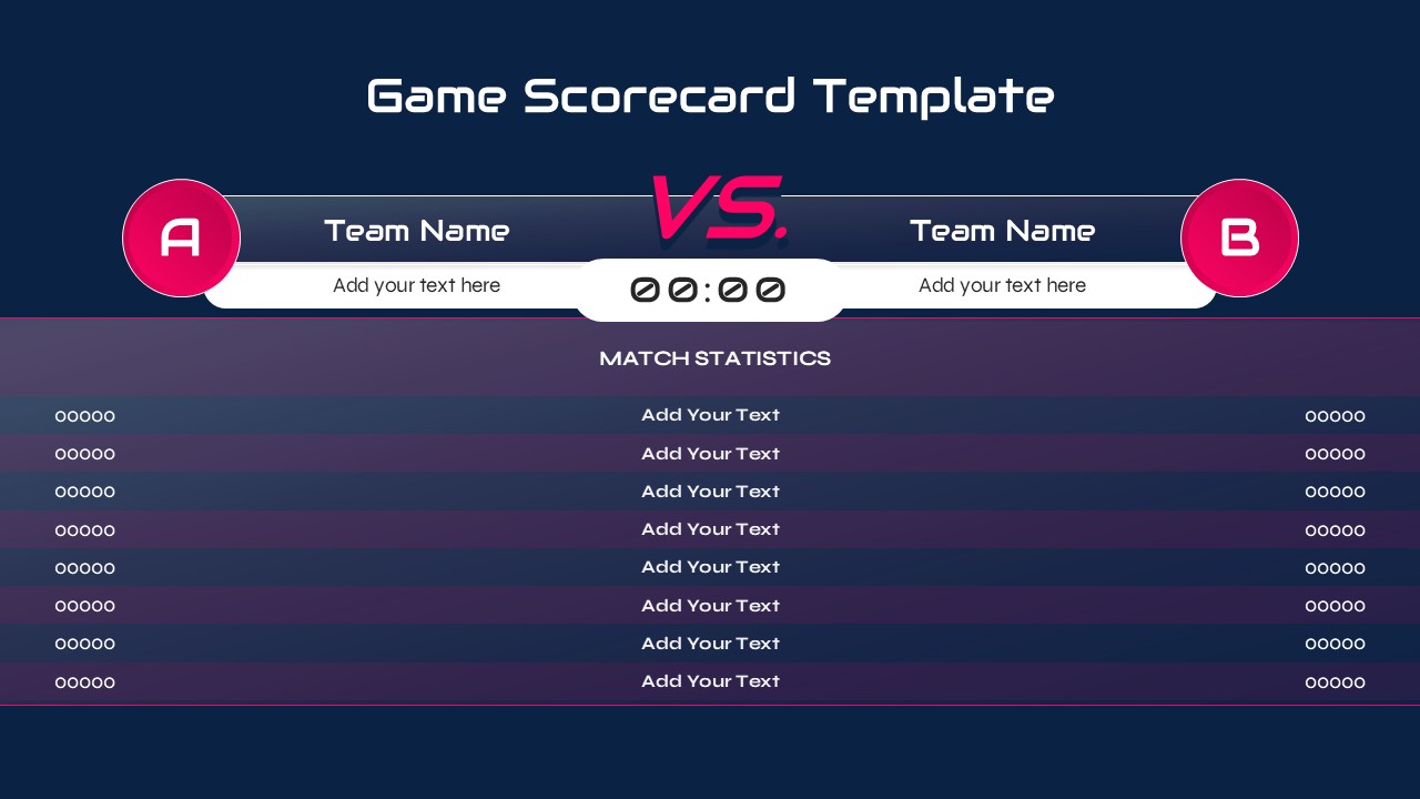 Game Scorecard PowerPoint and Google Slides Template featuring a sports scoreboard with team names, match timer, VS comparison, and editable match statistics table.