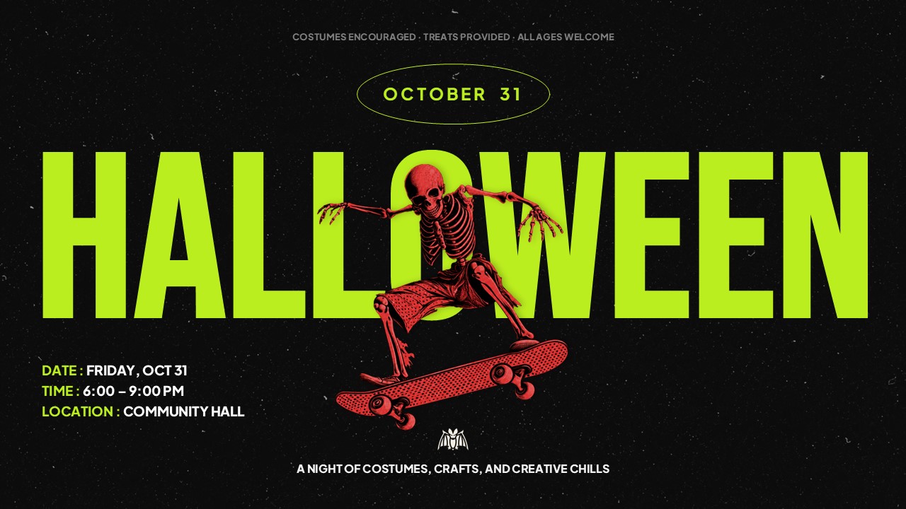 Neon Halloween party presentation template with bold green 