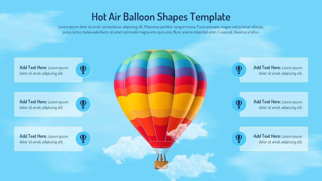 Hot Air Balloon Shapes PowerPoint and Google Slides template featuring a colorful balloon infographic with six editable text boxes for strategies, ideas, goals, or business concepts.
