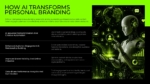 How AI Transforms Personal Branding slide highlighting AI-powered content creation, audience engagement, brand visibility, and performance analytics in a futuristic black and neon green presentation design for PowerPoint and Google Slides.